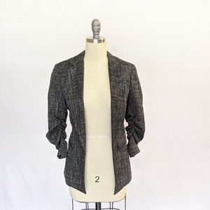 H&M Blazer Ruched Sleeves Black Gray 2 Open Front Preppy Work Office Modern